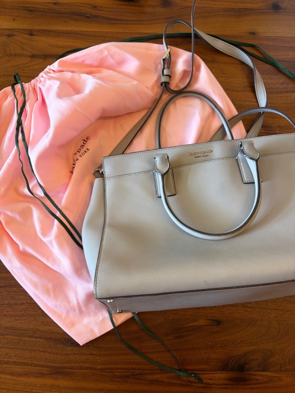 Kate Spade Gray Leather Handbag Purse Shoulder Strap and Dust Bag